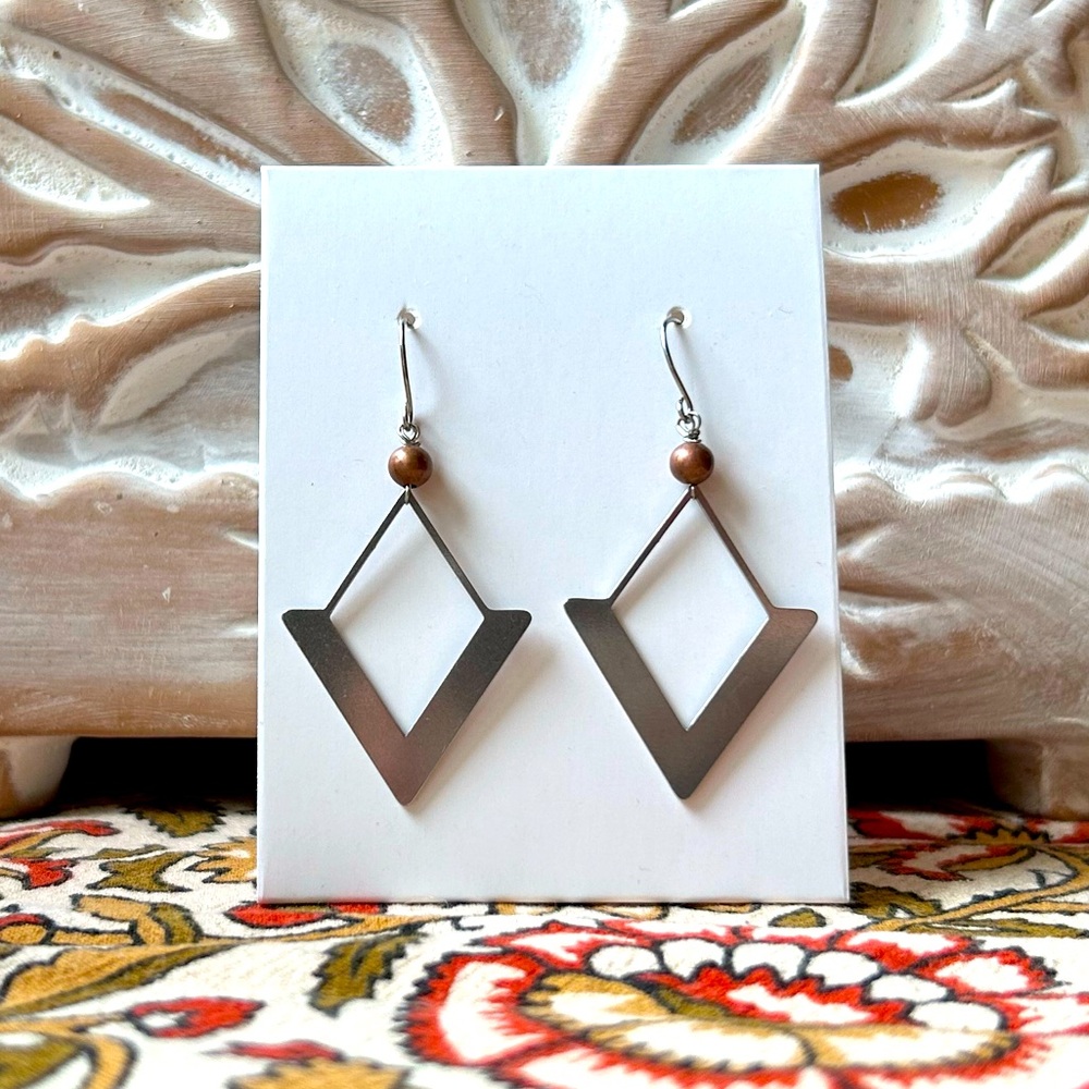 Handmade Upcycled Geometric Diamond Stainless Steel Earrings - 1.5” Drop - New